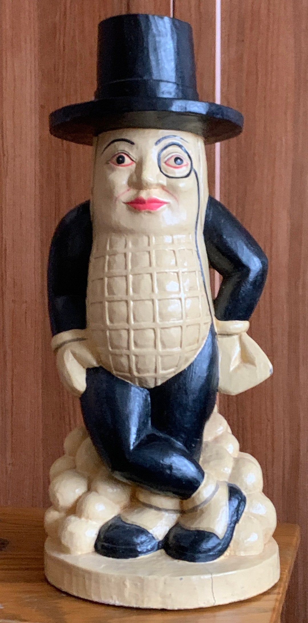 Antique Vintage Handcrafted Solid Wooden mr. Peanut Statue Wearing
