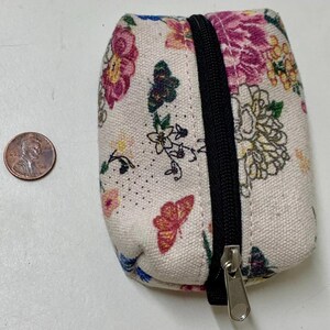 Bolsa de moedas com zíper floral de lona forrada Vtg, abelhas e pássaros