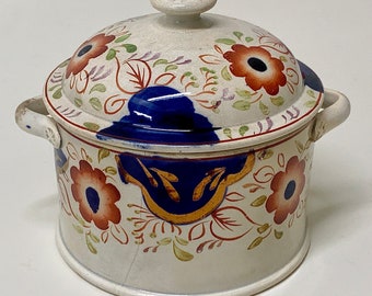 19th Century Antique Gaudy Welsh Oyster Pattern Lidded Powder Pot