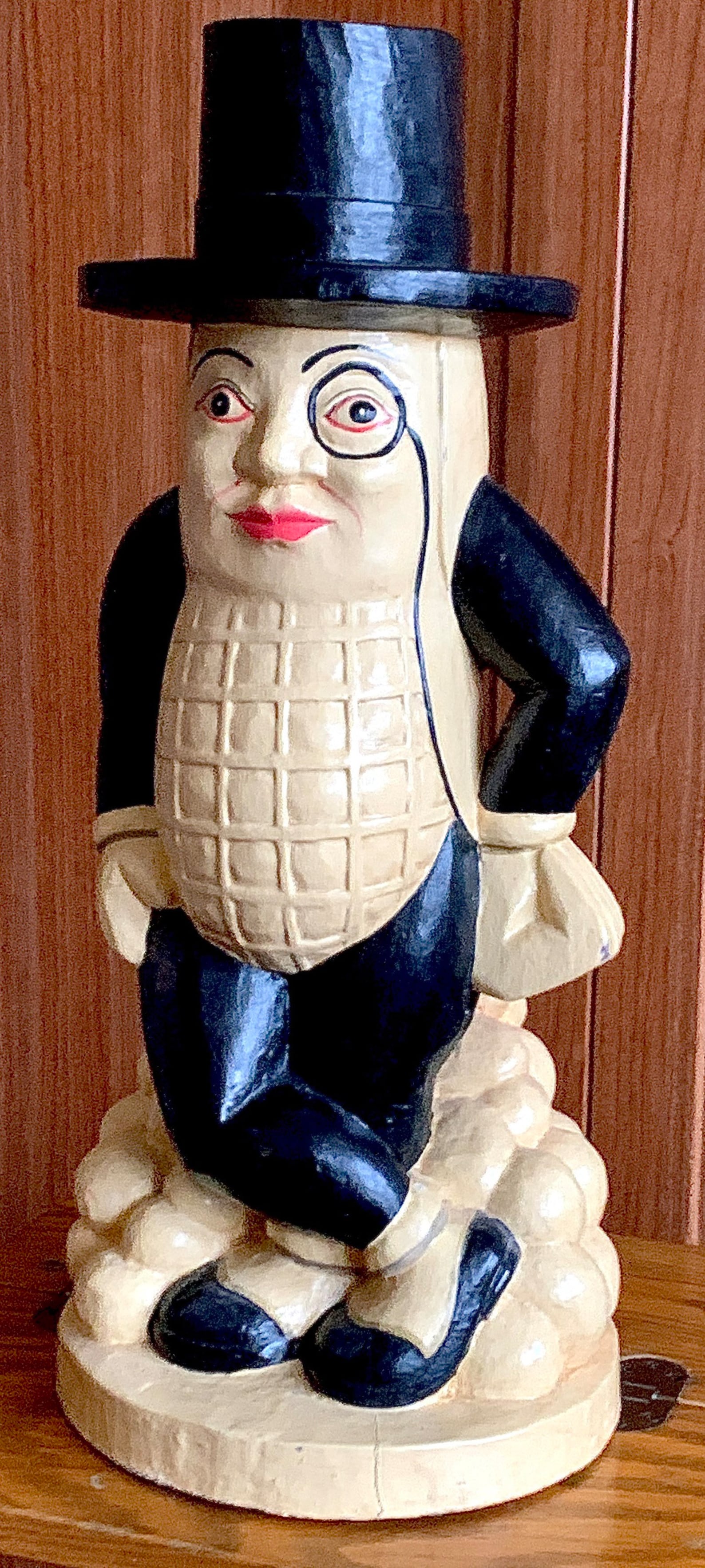 Antique Vintage Handcrafted Solid Wooden mr. Peanut Statue Wearing
