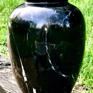 Vintage Pakistani Antique Large 10 inch tall 8 inch wide Solid Carved Black White Gold Onyx Marble Vase Made in Pakistan image 5