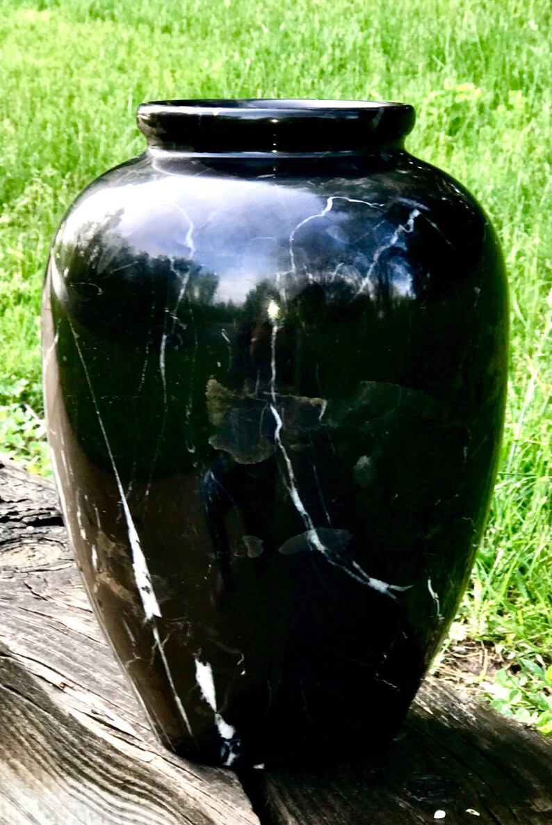 Vintage Pakistani Antique Large 10 inch tall 8 inch wide Solid Carved Black White Gold Onyx Marble Vase Made in Pakistan image 5
