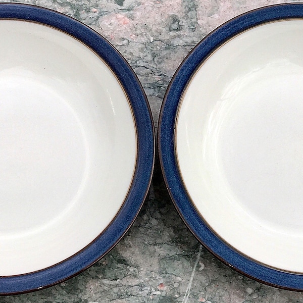 Discontinued (set of 2) DENBY Langley ENGLAND BOSTON Dishwasher Oven Freezer Microwave Safe Blue Ivory Brown 8" Stoneware Rimmed Soup Bowls