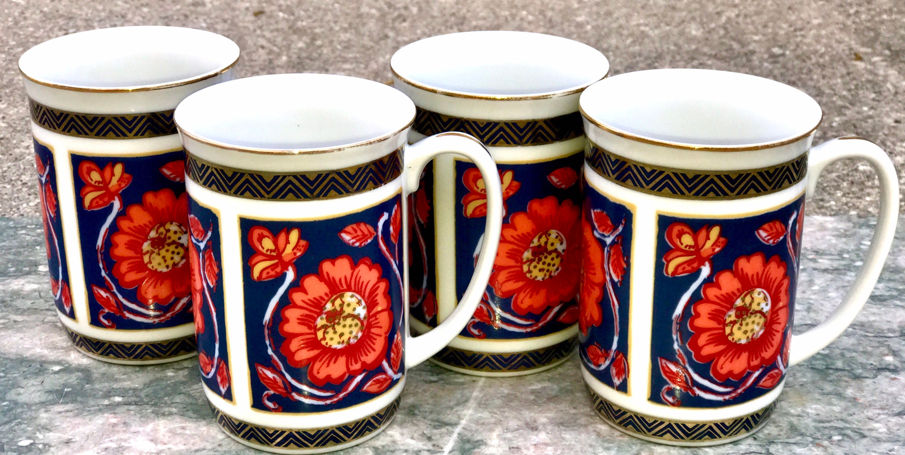 Set of 4 Vintage 1970s Antique NEIMAN MARCUS JAPAN Geometric Peony Floral  Pattern Gold Luster Trim Imari 8 Oz Coffee Mugs 