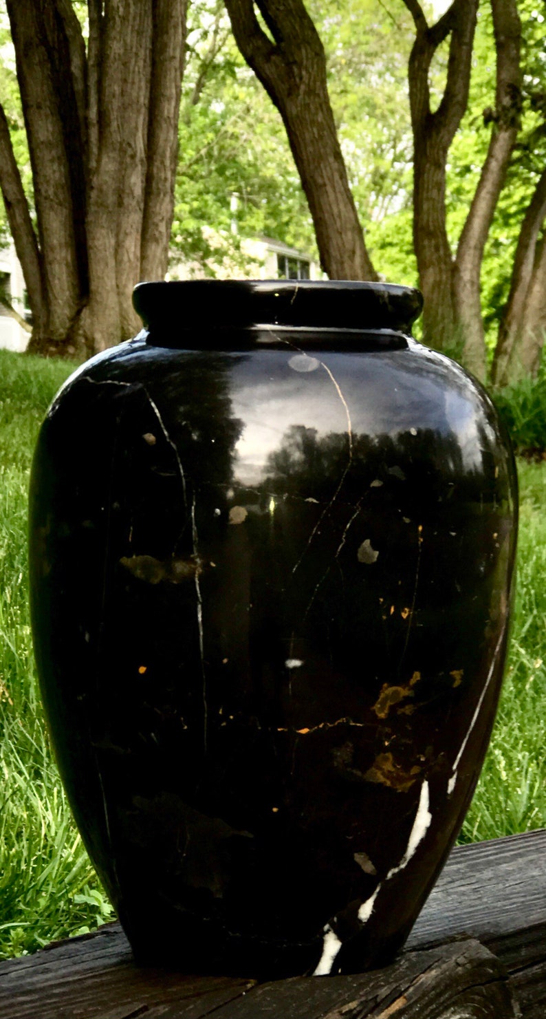 Vintage Pakistani Antique Large 10 inch tall 8 inch wide Solid Carved Black White Gold Onyx Marble Vase Made in Pakistan image 2