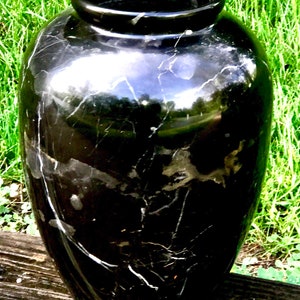 Vintage Pakistani Antique Large 10 inch tall 8 inch wide Solid Carved Black White Gold Onyx Marble Vase Made in Pakistan image 1