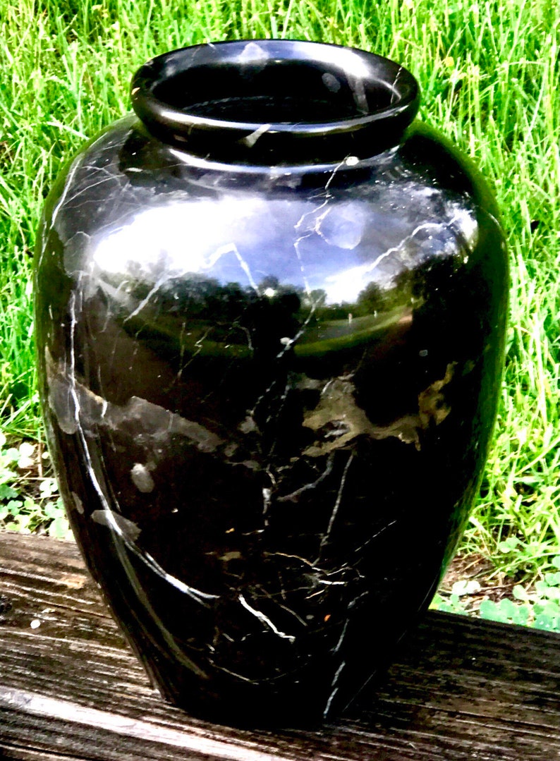 Vintage Pakistani Antique Large 10 inch tall 8 inch wide Solid Carved Black White Gold Onyx Marble Vase Made in Pakistan image 1