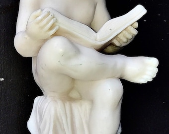 Vintage Antique Ivory White Poly Resin Composite STUDIOUS YOUNG PUPIL Reading Book Figural Statue Figurine Greco Roman Style Naked Male