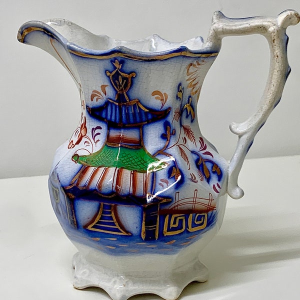 19th Century Antique Gaudy Welsh PAGODA Scalloped Footed Lustreware Pitcher Jug