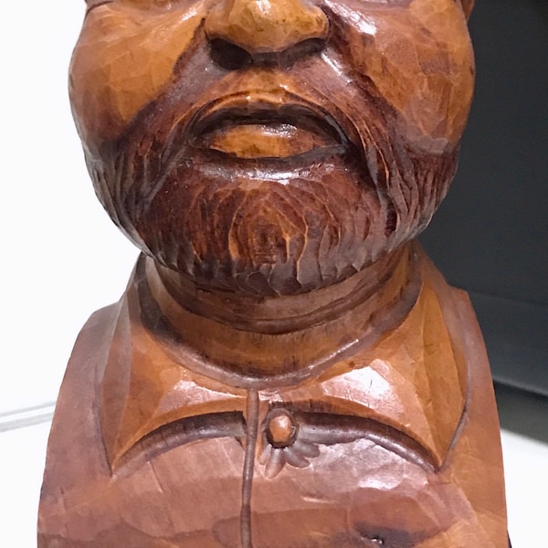 Vintage 1950s Antique Folk Art Artisan Hand Carved Solid Wooden Bust of Masculine Bearded Man LATIN AMERICA
