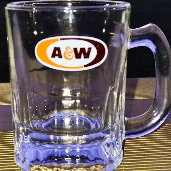Vintage Antique Miniature A & W ROOT BEER Clear Glass Logo Rootbeer Mug Large Handled Shot Glass Child Size American Soda Pop Advertisement