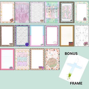 May include: A collection of decorative paper frames with various designs. Some frames feature floral patterns, leopard print, and text like "Faith Over Fear" and "Loved John 3:16." The bonus frame has a cross design.