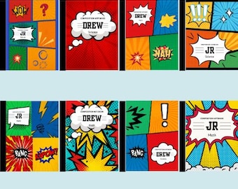 Superhero Composition Notebook Cover Templates: Comic Book Design (Canva Editable, Digital Download)
