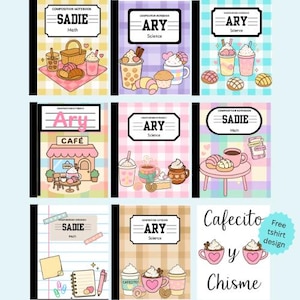 Könnte beinhalten: Eine Sammlung von Collegeblöcken mit verschiedenen Designs. Einige Notizbücher zeigen die Namen "Sadie" und "Ary" mit Fächern wie Mathematik und Naturwissenschaften. Andere Designs zeigen Illustrationen von Cafés, Gebäck und Kaffeegetränken.