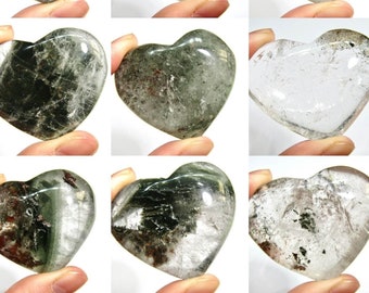 Garden Quartz Heart, Lodolite Garden Quartz Palm Stone, Natural Garden Quartz Crystal Puffy Heart Carving
