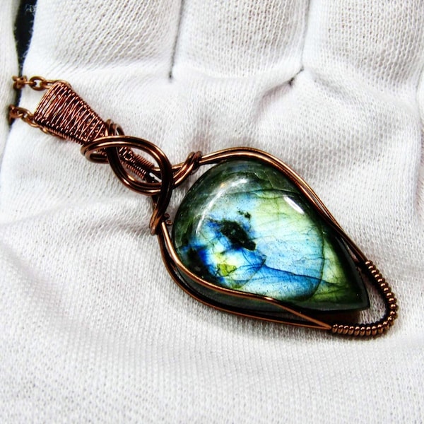 Labradorite Wire Wrapped Pendant Jewelry - Labradorite Antiqued Copper Wire Wrap Pendant Necklace Jewelry