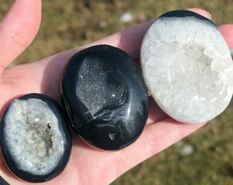 Onyx Crystal Palm Stone, Black Druzy Onyx Crystal Carving, Gothic Crystal Gift