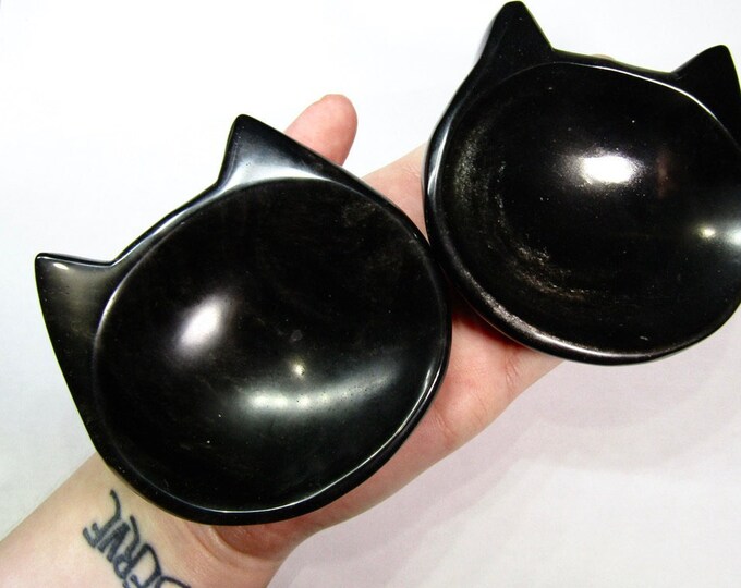 Obsidian Bowl Silver Obsidian Crystal Cat Dish Natural Black Obsidian