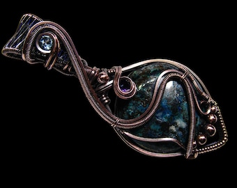 Chrysocolla Crystal Necklace, Handmade Wire Wrapped Pendant, Boho Hippie Jewelry, Copper Chrysocolla Pendant