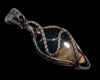 Petrified Palm Root Necklace, Handmade Wire Wrapped Crystal Pendant, Boho Hippie Sterling Silver Jewelry, Copper Petrified Wood Pendant