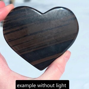 May include: A heart-shaped polished stone featuring dark brown and black horizontal bands. The surface is smooth and reflective. A black rectangular label with white text reads: example without light passing through.