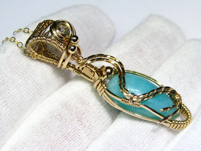 Amazonite Crystal Pendant, Wire Wrapped Jewelry, Handmade 14k Gold