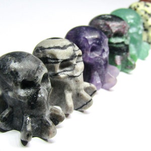 May include: A row of carved stone octopus figurines in various colors, including gray, purple, and green. Each octopus has a skull-like head and tentacles. The figurines are displayed on a white background.