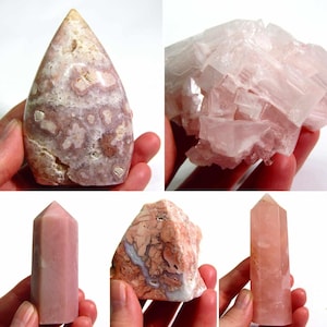 May include: Five pink crystal specimens, including a pointed crystal, a cluster of crystals, and three polished points. The crystals are various shades of pink and white.