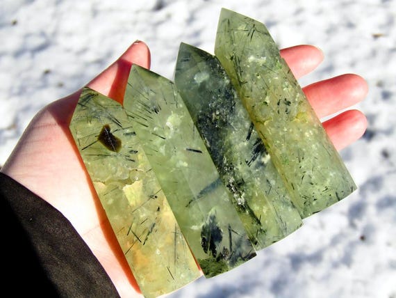 Prehnite Crystal Tower, Prehnite Crystal Point, Natural Raw Prehnite with Epidote Crystal Obelisk Carving