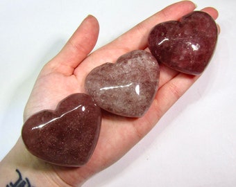 Strawberry Quartz Heart Carving - Strawberry Quartz Palm Stone - Natural Strawberry Quartz Crystal Puffy Heart Carving