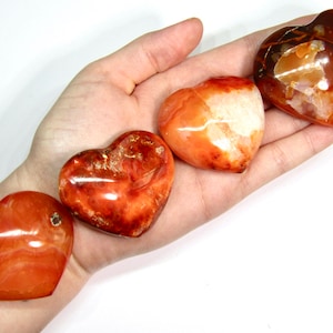 May include: Four carnelian heart-shaped crystals in various shades of orange and red, with white and brown inclusions, displayed on a hand.
