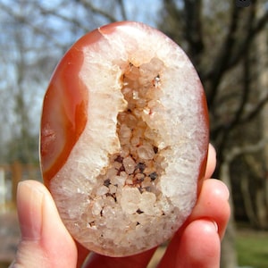 K&ouml;nnte beinhalten: Ovale Achat-Geode mit polierter, rotbrauner Au&szlig;enseite und einer mit funkelnden Quarzkristallen gef&uuml;llten H&ouml;hlung. Die Geode wird in einer Hand gehalten und zeigt ihre nat&uuml;rliche Sch&ouml;nheit und einzigartige Kristallstruktur.