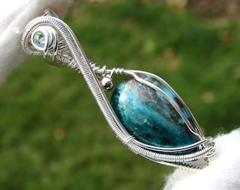 Arizona Blue Wire Wrapped Pendant Jewelry, Chrysocolla Sterling Silver Crystal Necklace Jewelry, Wire Wrap Gemstone Necklace, Fine Jewelry