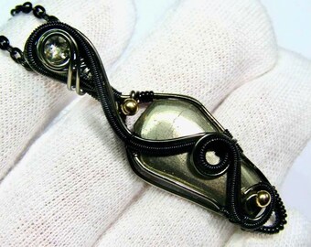 Pyrite Crystal Coffin Necklace, Wire Wrapped Pendant, Handmade Halloween Crystal Jewelry, Gothic Crystal Gift for Her