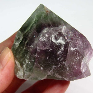 May include: A green and purple fluorite crystal with a pointed top and a rough, natural texture.