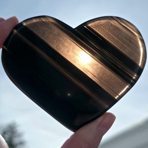May include: A heart-shaped, polished stone with dark brown and tan stripes. The stone is held up against a bright sky, catching the sunlight. The heart is smooth and reflective, with a glossy finish.