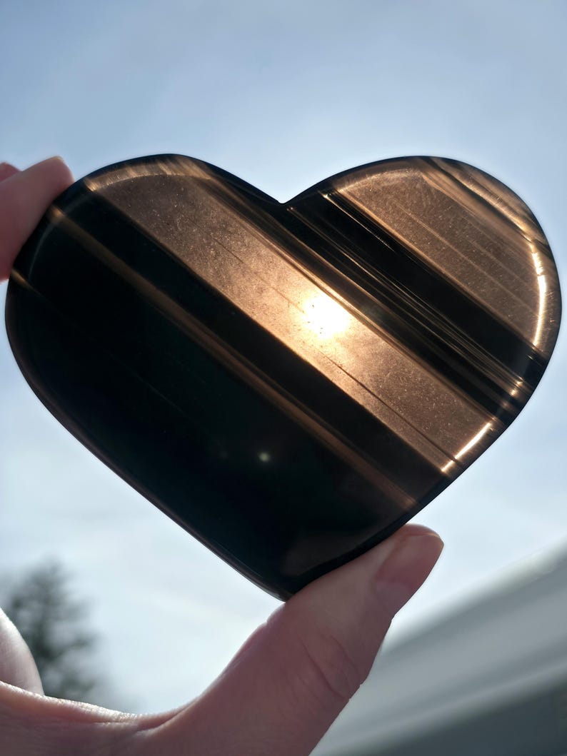 May include: A heart-shaped, polished stone with dark brown and tan stripes. The stone is held up against a bright sky, catching the sunlight. The heart is smooth and reflective, with a glossy finish.