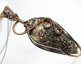 Moss Agate Crystal Necklace, Handmade Wire Wrapped Pendant, Boho Hippie Jewelry, Moss Agate Amulet Pendant, Anniversary Gifts For