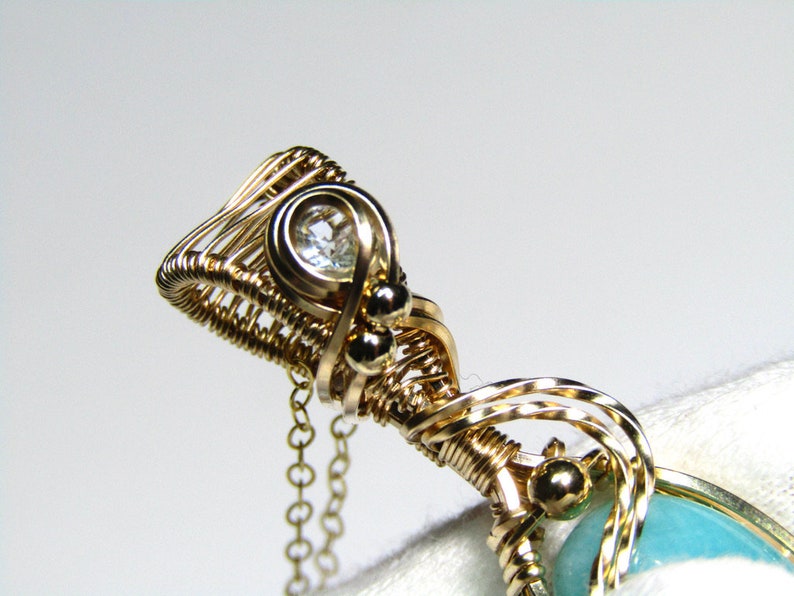 Amazonite Crystal Pendant, Wire Wrapped Jewelry, Handmade 14k Gold