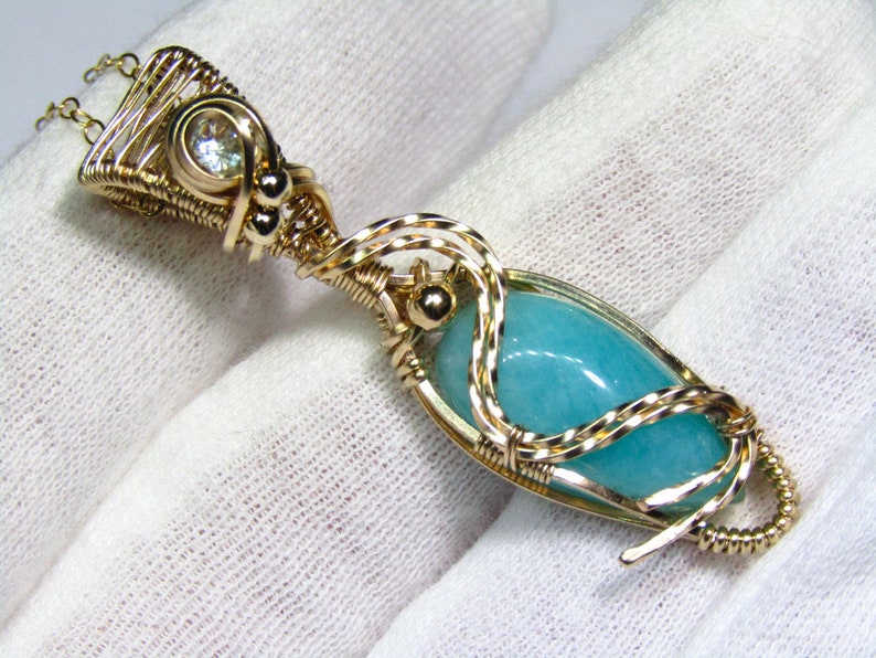 Amazonite Crystal Pendant, Wire Wrapped Jewelry, Handmade 14k Gold