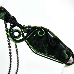 Jade & Emerald Crystal Coffin Necklace, Wire Wrapped Pendant, Handmade Halloween Crystal Jewelry, Gothic Wire Wrap Gemstone Necklace