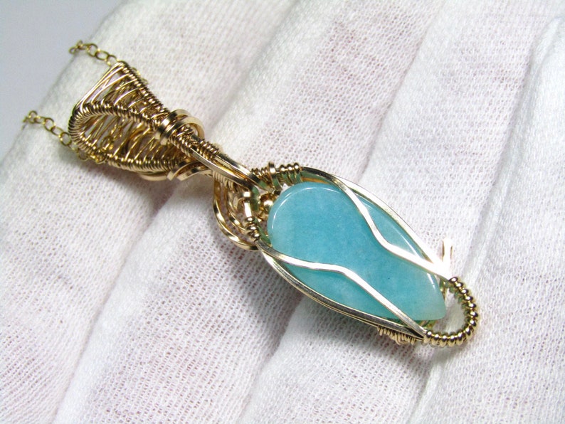 Amazonite Crystal Pendant, Wire Wrapped Jewelry, Handmade 14k Gold