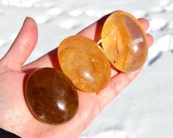 Golden Healer Quartz Crystal Palm Stone, Hematite Quartz Crystal Carving, Quartz Crystal Meditation Stone