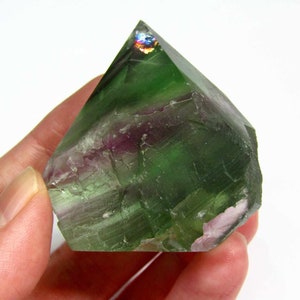 May include: A green, purple, and white fluorite crystal point with iridescent facets. The crystal is approximately 2 inches tall and is held in a hand.