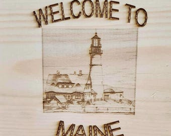 Welcome to Maine Wood Sign | CNC Engraved Lighthouse, Coastal Decot.