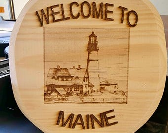 Welcome to Maine Sign | Laser Cut Coastal Lighthouse Door Hanger.