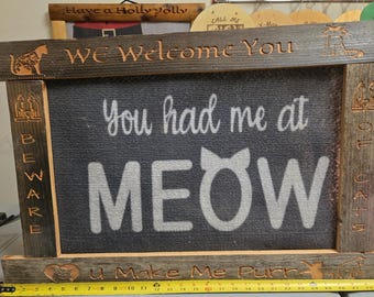 Carved Barn Reclaimed Wood Welcome Cat Sign/Door and Wall Decor.