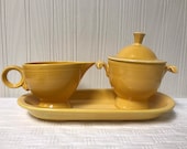 Vintage Fiesta Yellow 4 piece Sugar and Creamer Cream pitcher Utility tray Set Fiestaware