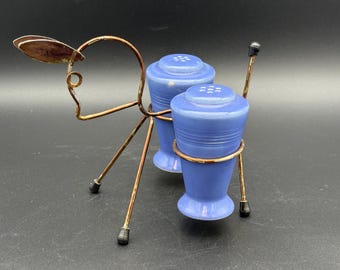 Vintage Harlequin salt and pepper shaker set “mauve” blue with wire donkey holder