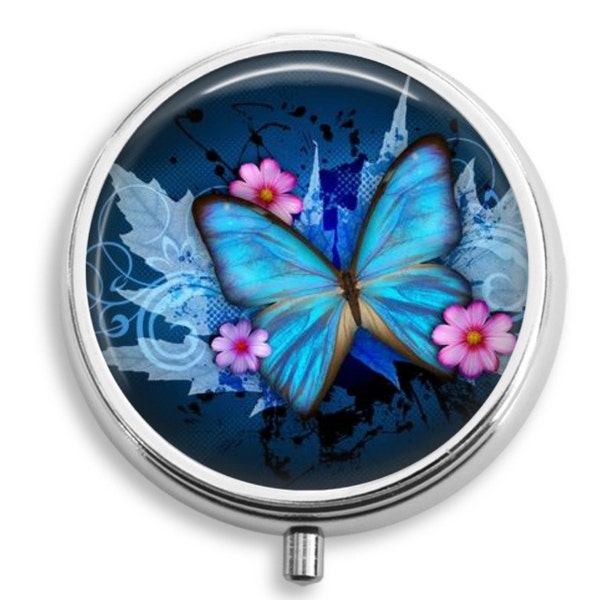 Caja de píldoras, Envase de píldoras, Estuche de píldoras, Soporte de píldoras, Caja de medicamentos, Regalo para ella, Mariposa azul, Imagen de flor rosa